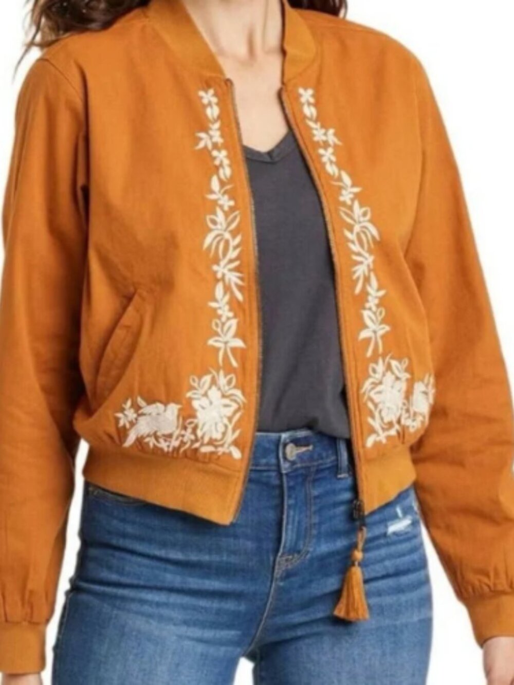 Knox Rose Rust Orange Bomber Jacket with White Floral Embroidery